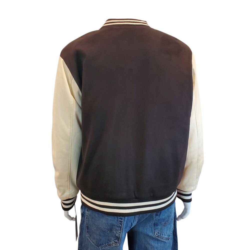 NEW HUDSON & BARROW SZ L Faux Suede ACTIV Athletic Varsity Bomber Jacket Black - Picture 8 of 9
